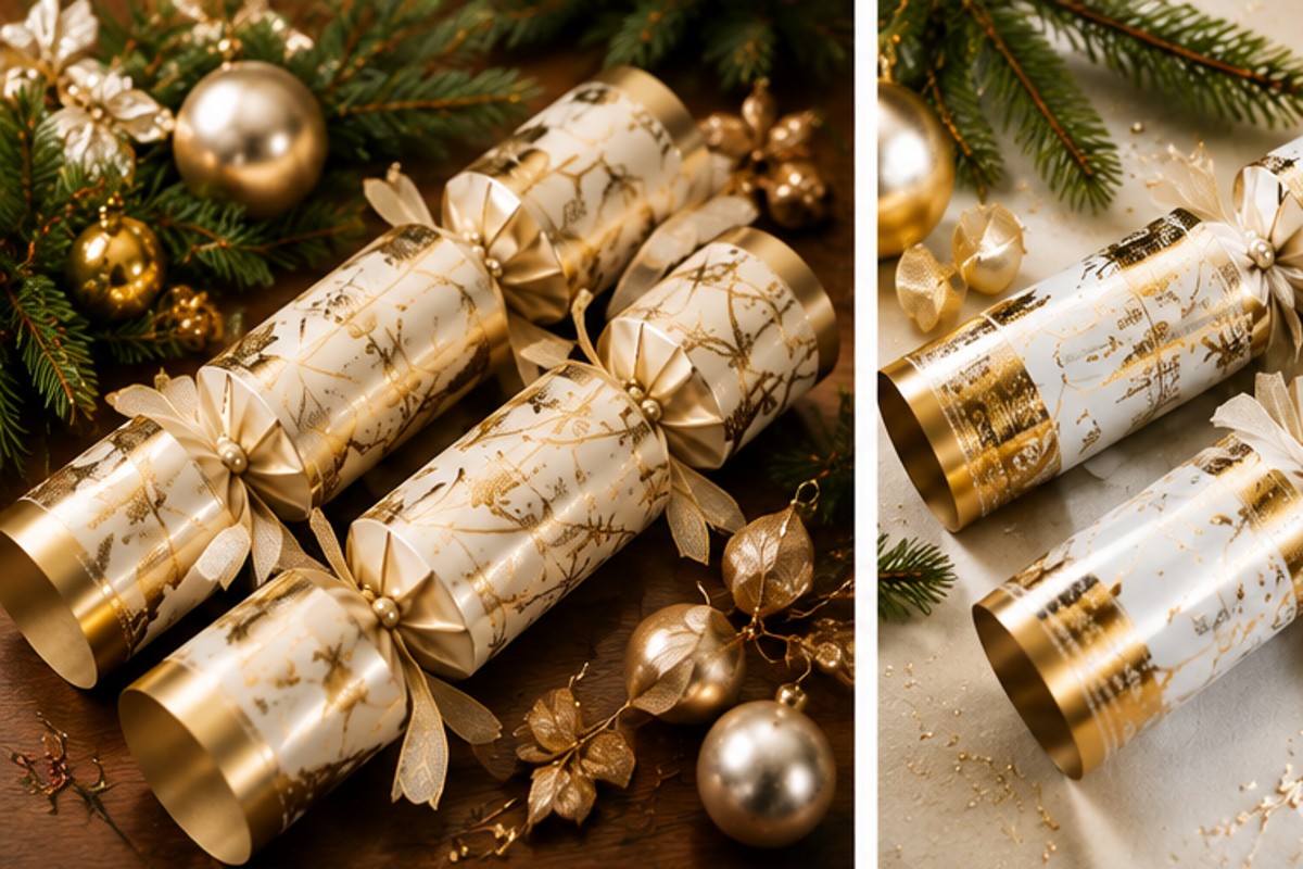 Cream and gold Christmas Crackers in a festive setting